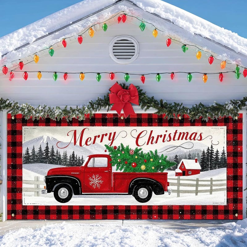 IVN Vintage Red Truck Christmas Tree Mountain Scene Garage door banner Door Cover Indoor And Outdoor Studio Background Hanging Decoration 13x6ft - Image 5